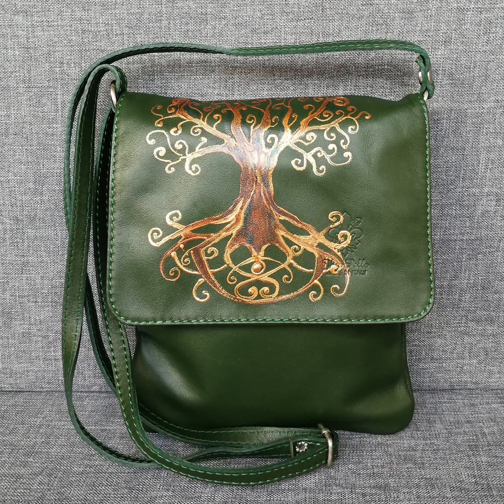 Bag - Athena Style - Dark Brown Leather Laced Shoulder Bag (Tree of Life  Design)